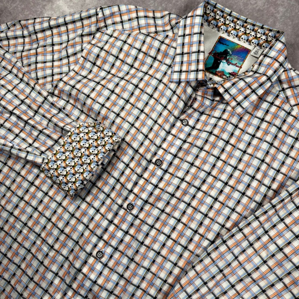 Robert Graham Men XL Classic Fit Plaid Button Down Shirt Skull Cuffs Orange Blue